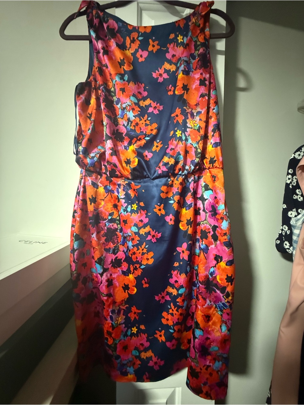 Evan Picone Navy Floral Satin Dress with Orange and Pink Accents